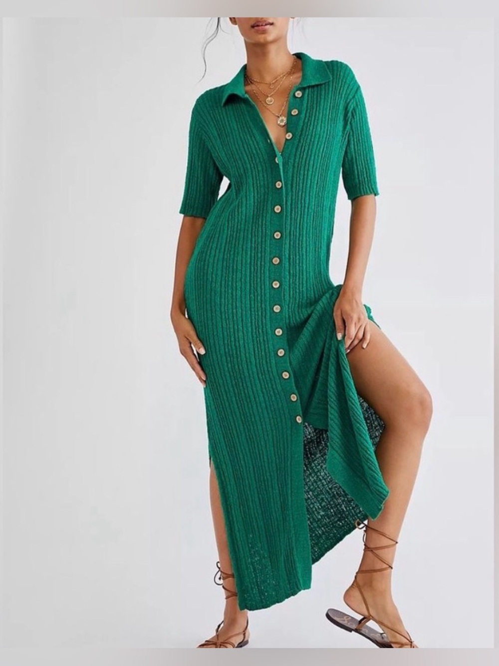 Free People Beach 🌊 Riding Waves Sweater Midi Dress 🌅 Green Emerald Wave Size XS - Picture 3 of 9